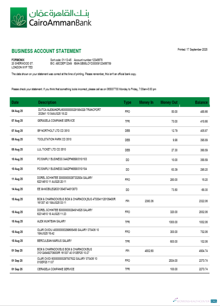 Cairo Amman Bank organization checking account statement Word and PDF template